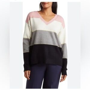 New H HALSTON‎ Stripe V Neck Pullover Sweater, Knit Long Sleeve Sz SP/CH